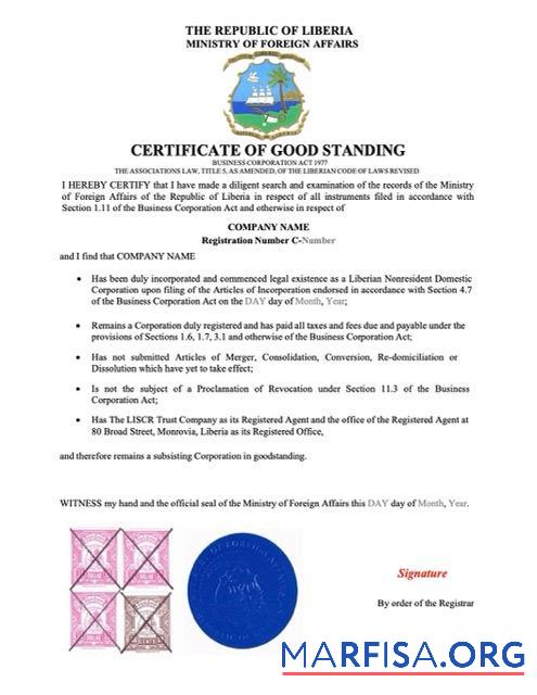 Downloadable Liberia certificate of good standing Word and PDF template